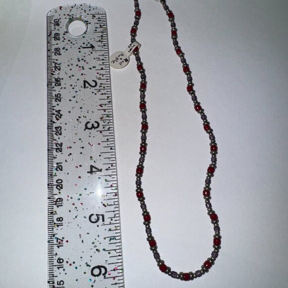 14" Long Red, Purple, and Silver Beaded Necklace - Picture 5 of 9